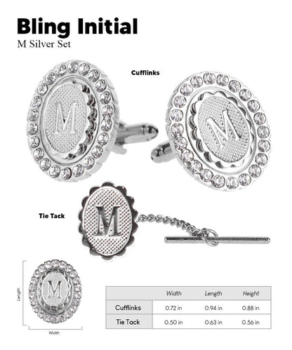 Vittorio Vico Bling Initial Cufflinks & Tie Tack Set in Gift Box - Silver - Initial Cufflinks - Vittorio Vico