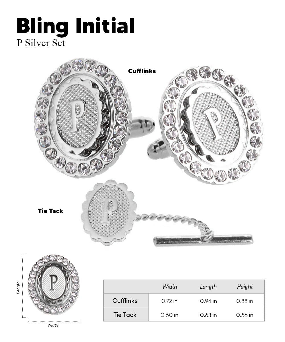 Vittorio Vico Bling Initial Cufflinks & Tie Tack Set in Gift Box - Silver - Initial Cufflinks - Vittorio Vico
