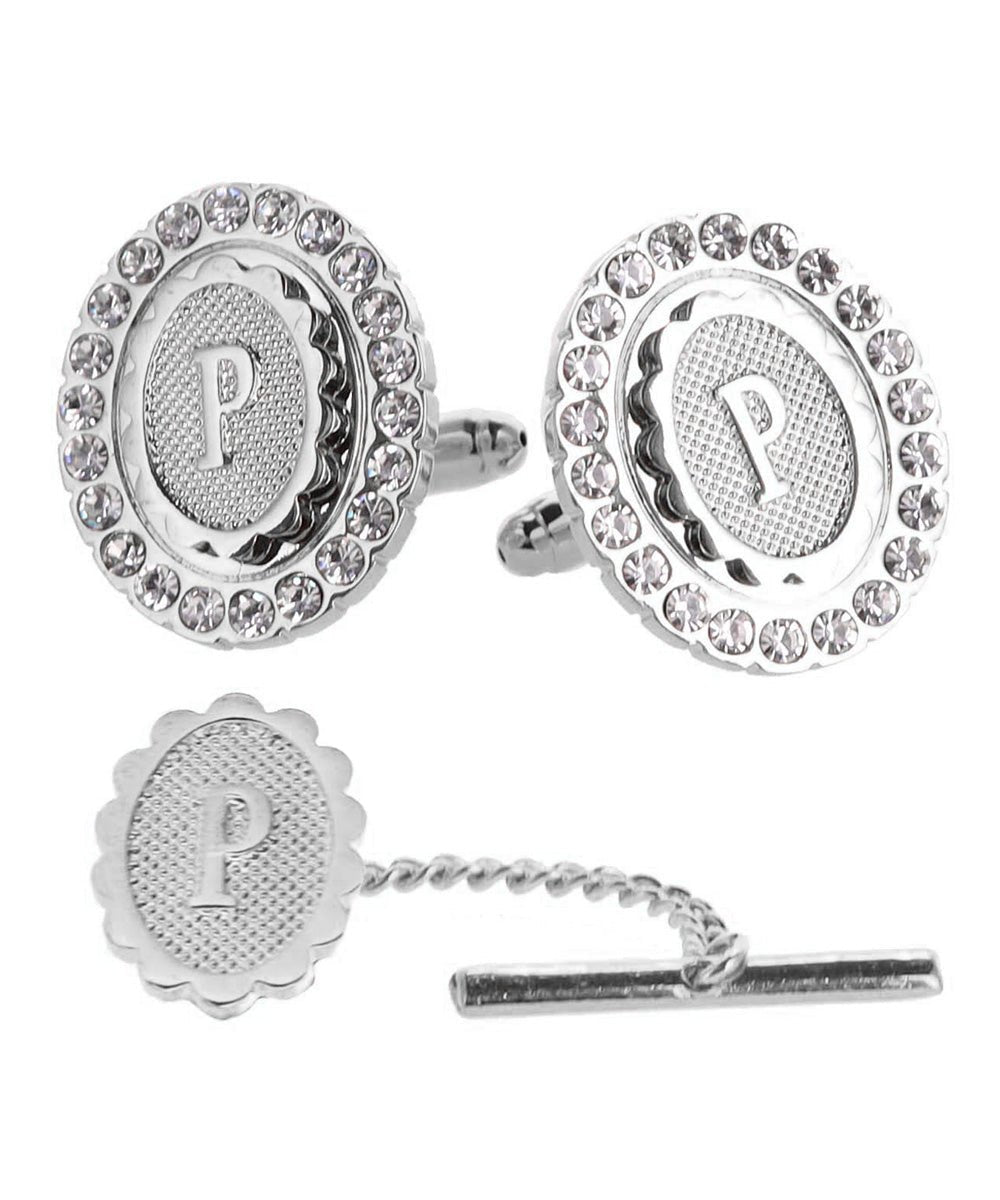 Vittorio Vico Bling Initial Cufflinks & Tie Tack Set in Gift Box - Silver - Initial Cufflinks - Vittorio Vico