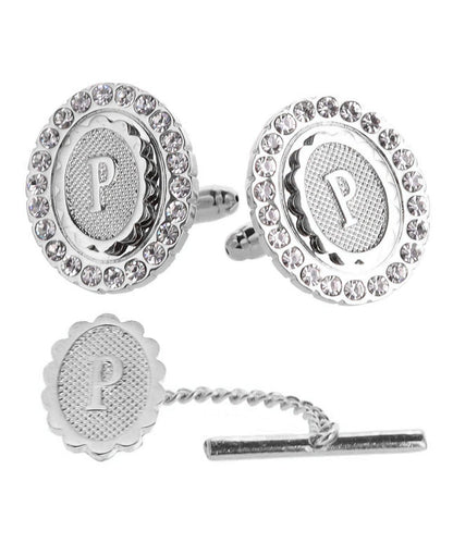 Vittorio Vico Bling Initial Cufflinks & Tie Tack Set in Gift Box - Silver - Initial Cufflinks - Vittorio Vico
