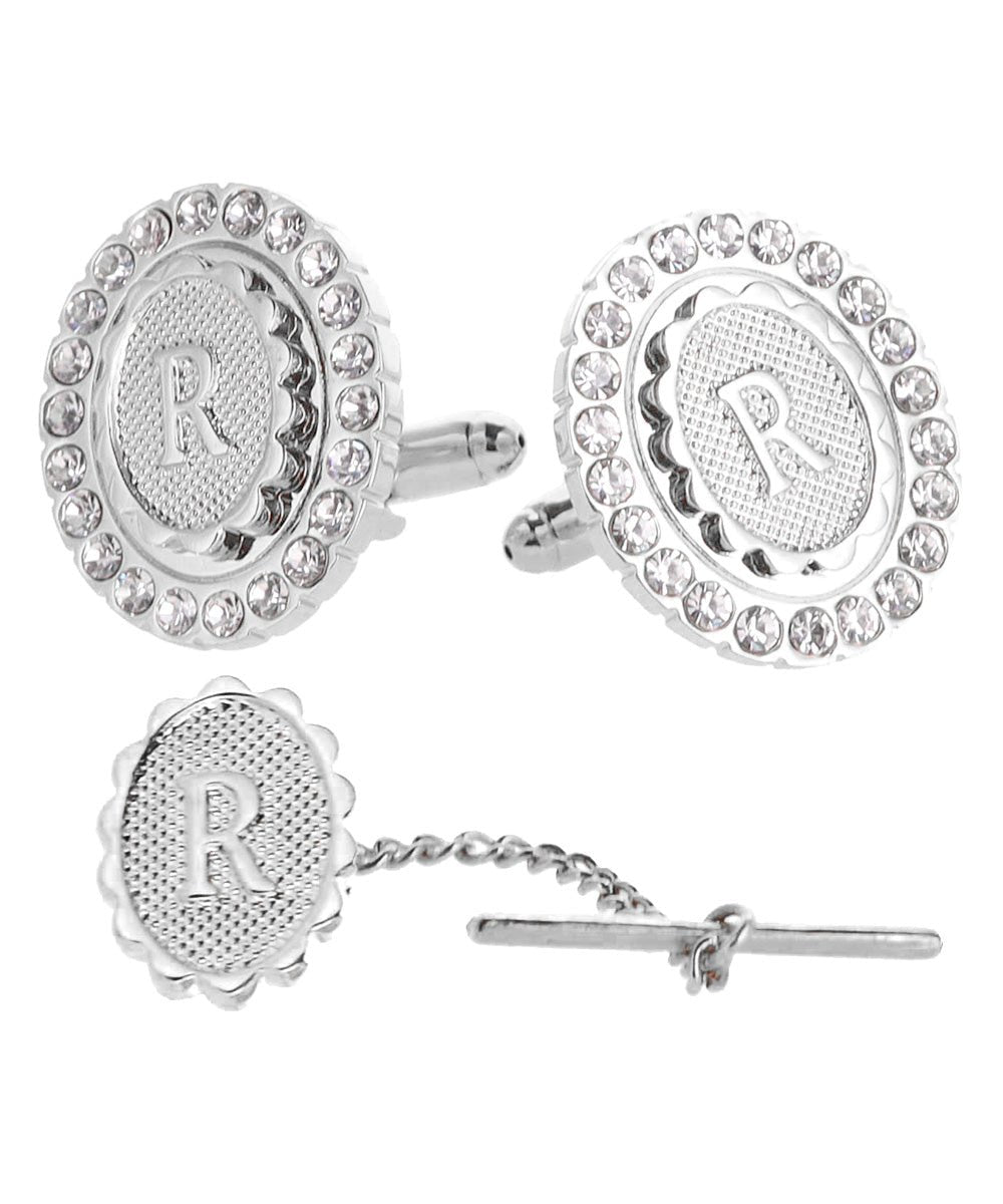 Vittorio Vico Bling Initial Cufflinks & Tie Tack Set in Gift Box - Silver - Initial Cufflinks - Vittorio Vico