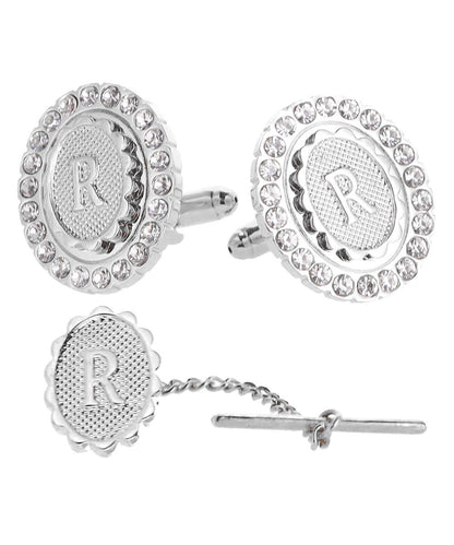 Vittorio Vico Bling Initial Cufflinks & Tie Tack Set in Gift Box - Silver - Initial Cufflinks - Vittorio Vico