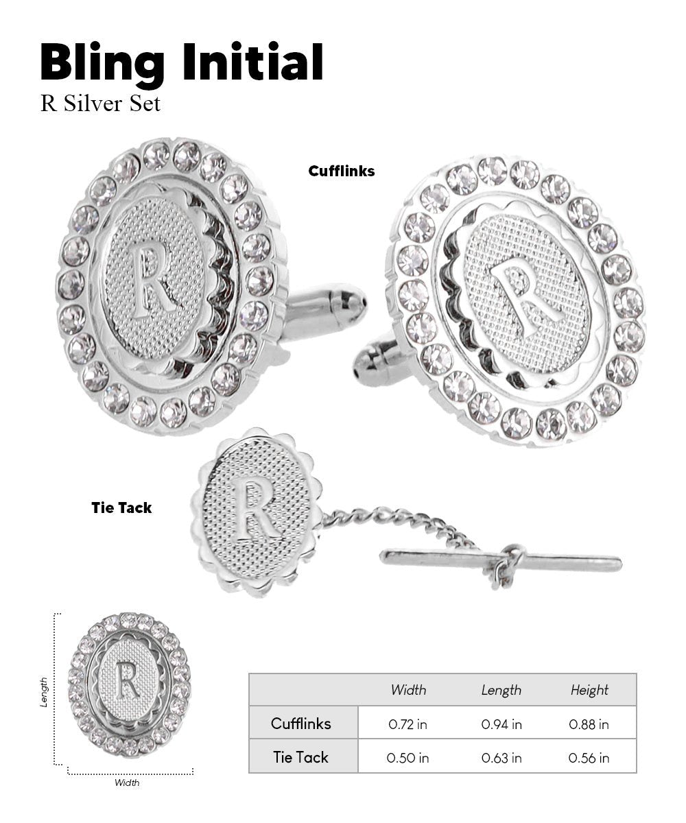 Vittorio Vico Bling Initial Cufflinks & Tie Tack Set in Gift Box - Silver - Initial Cufflinks - Vittorio Vico