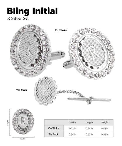 Vittorio Vico Bling Initial Cufflinks & Tie Tack Set in Gift Box - Silver - Initial Cufflinks - Vittorio Vico