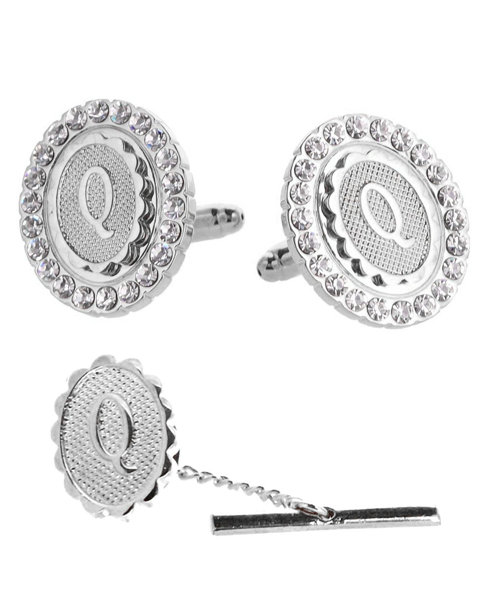 Vittorio Vico Bling Initial Cufflinks & Tie Tack Set in Gift Box - Silver - Initial Cufflinks - Vittorio Vico