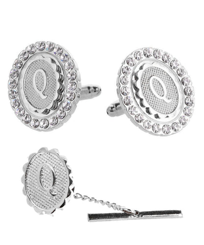 Vittorio Vico Bling Initial Cufflinks & Tie Tack Set in Gift Box - Silver - Initial Cufflinks - Vittorio Vico