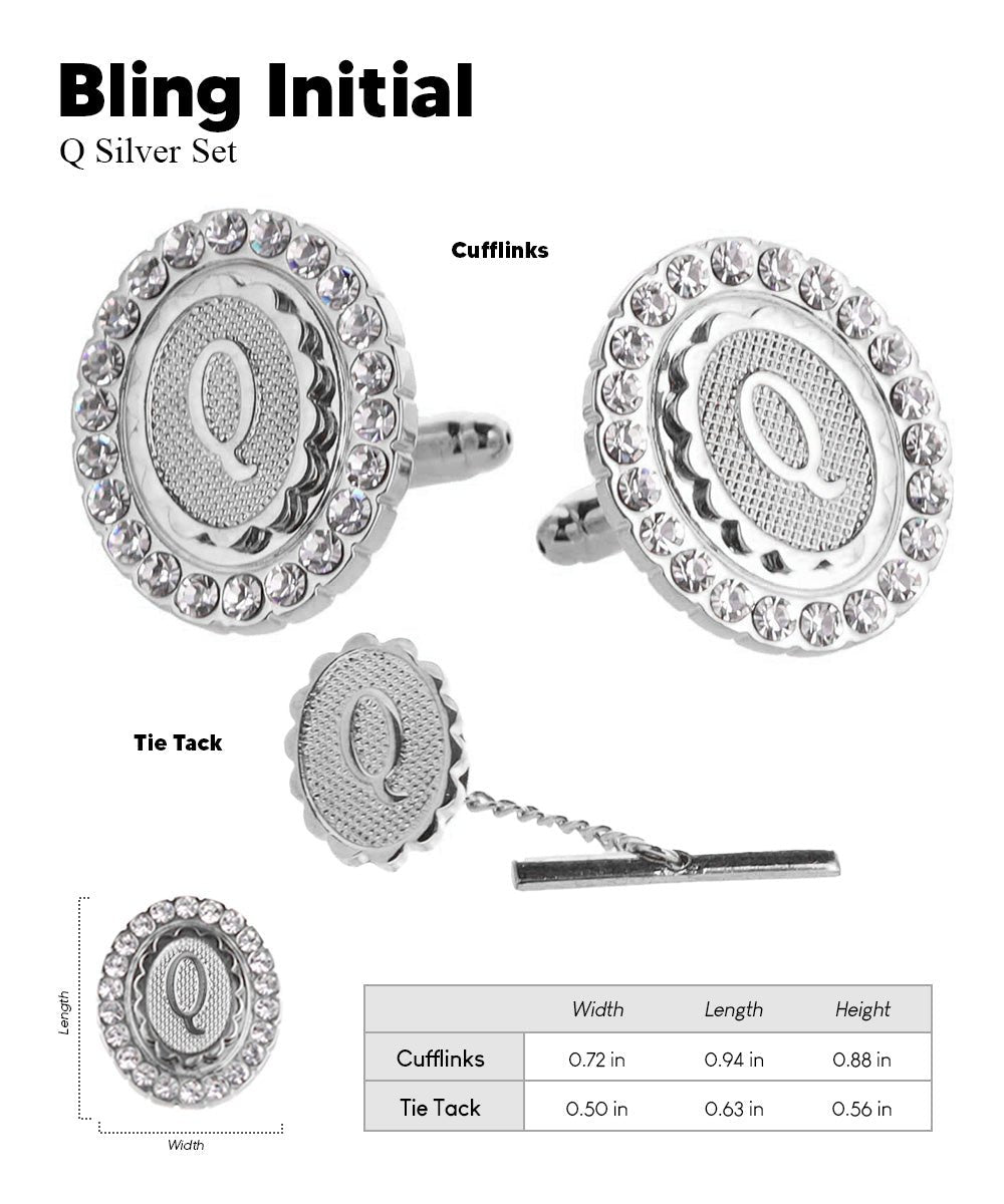 Vittorio Vico Bling Initial Cufflinks & Tie Tack Set in Gift Box - Silver - Initial Cufflinks - Vittorio Vico