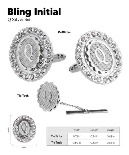 Vittorio Vico Bling Initial Cufflinks & Tie Tack Set in Gift Box - Silver - Initial Cufflinks - Vittorio Vico