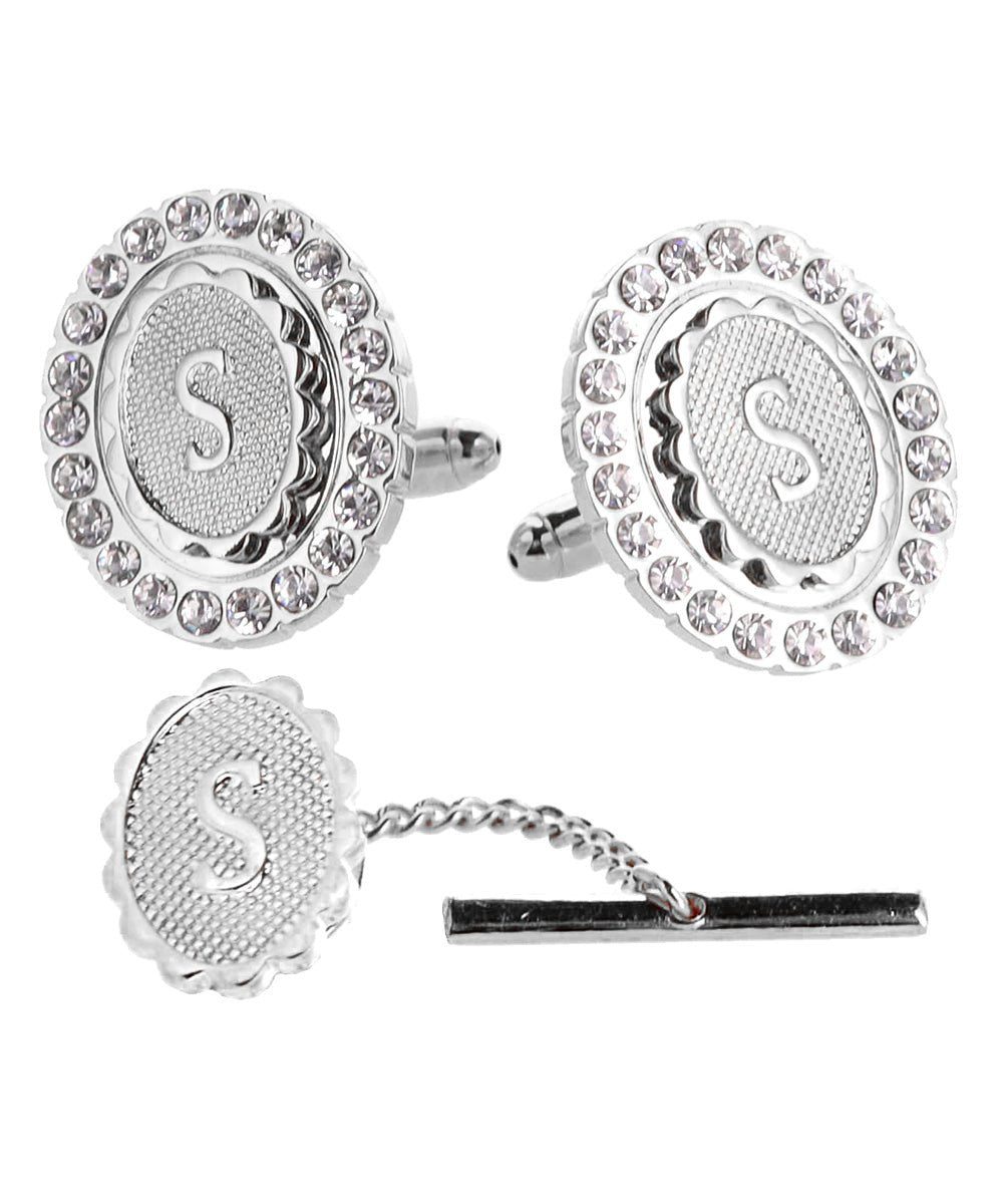 Vittorio Vico Bling Initial Cufflinks & Tie Tack Set in Gift Box - Silver - Initial Cufflinks - Vittorio Vico
