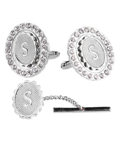 Vittorio Vico Bling Initial Cufflinks & Tie Tack Set in Gift Box - Silver - Initial Cufflinks - Vittorio Vico