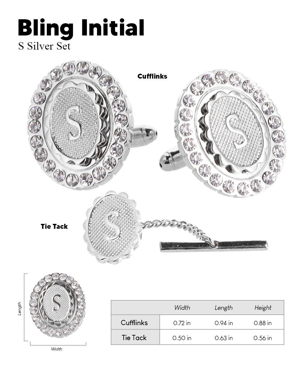 Vittorio Vico Bling Initial Cufflinks & Tie Tack Set in Gift Box - Silver - Initial Cufflinks - Vittorio Vico