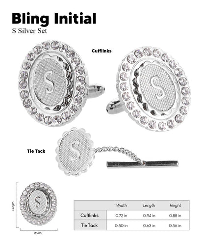Vittorio Vico Bling Initial Cufflinks & Tie Tack Set in Gift Box - Silver - Initial Cufflinks - Vittorio Vico