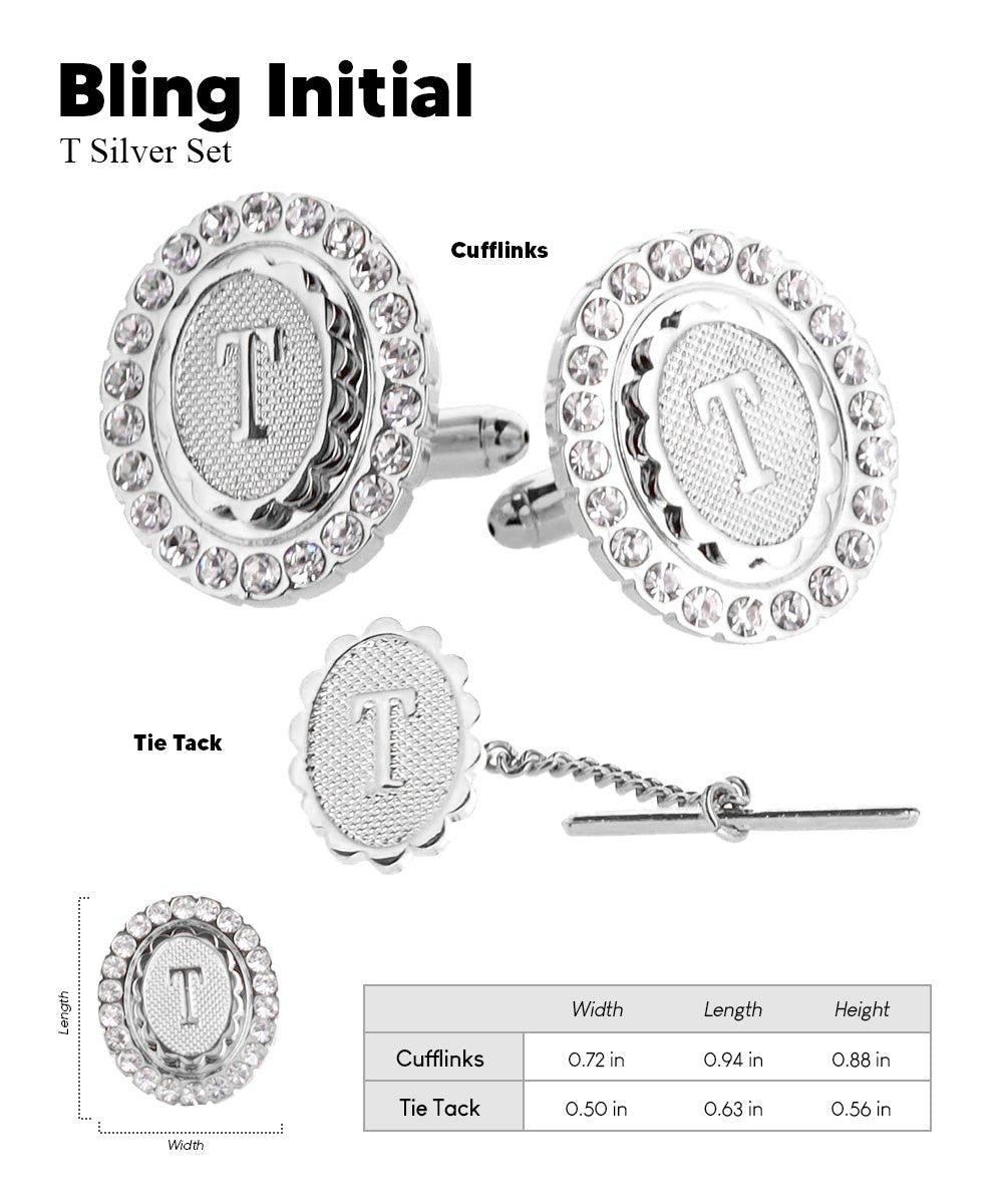 Vittorio Vico Bling Initial Cufflinks & Tie Tack Set in Gift Box - Silver - Initial Cufflinks - Vittorio Vico