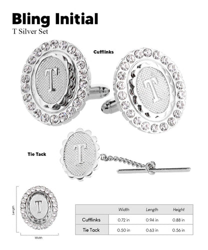 Vittorio Vico Bling Initial Cufflinks & Tie Tack Set in Gift Box - Silver - Initial Cufflinks - Vittorio Vico
