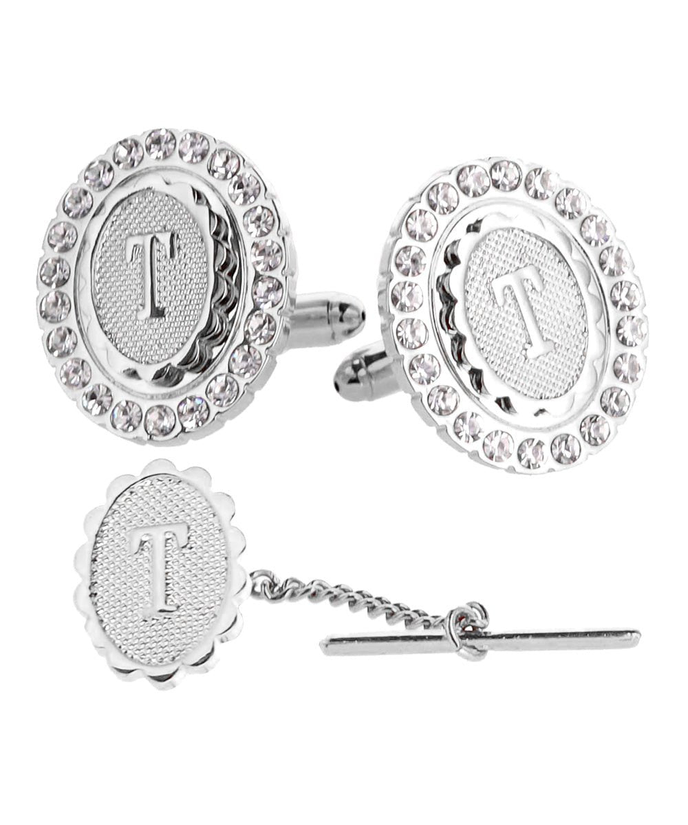 Vittorio Vico Bling Initial Cufflinks & Tie Tack Set in Gift Box - Silver - Initial Cufflinks - Vittorio Vico