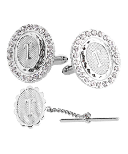Vittorio Vico Bling Initial Cufflinks & Tie Tack Set in Gift Box - Silver - Initial Cufflinks - Vittorio Vico