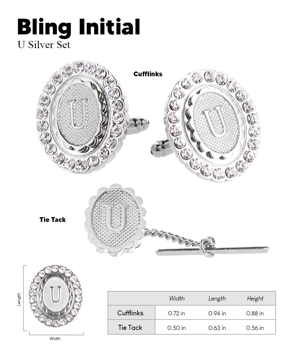 Vittorio Vico Bling Initial Cufflinks & Tie Tack Set in Gift Box - Silver - Initial Cufflinks - Vittorio Vico