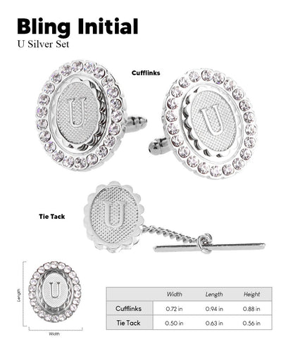 Vittorio Vico Bling Initial Cufflinks & Tie Tack Set in Gift Box - Silver - Initial Cufflinks - Vittorio Vico