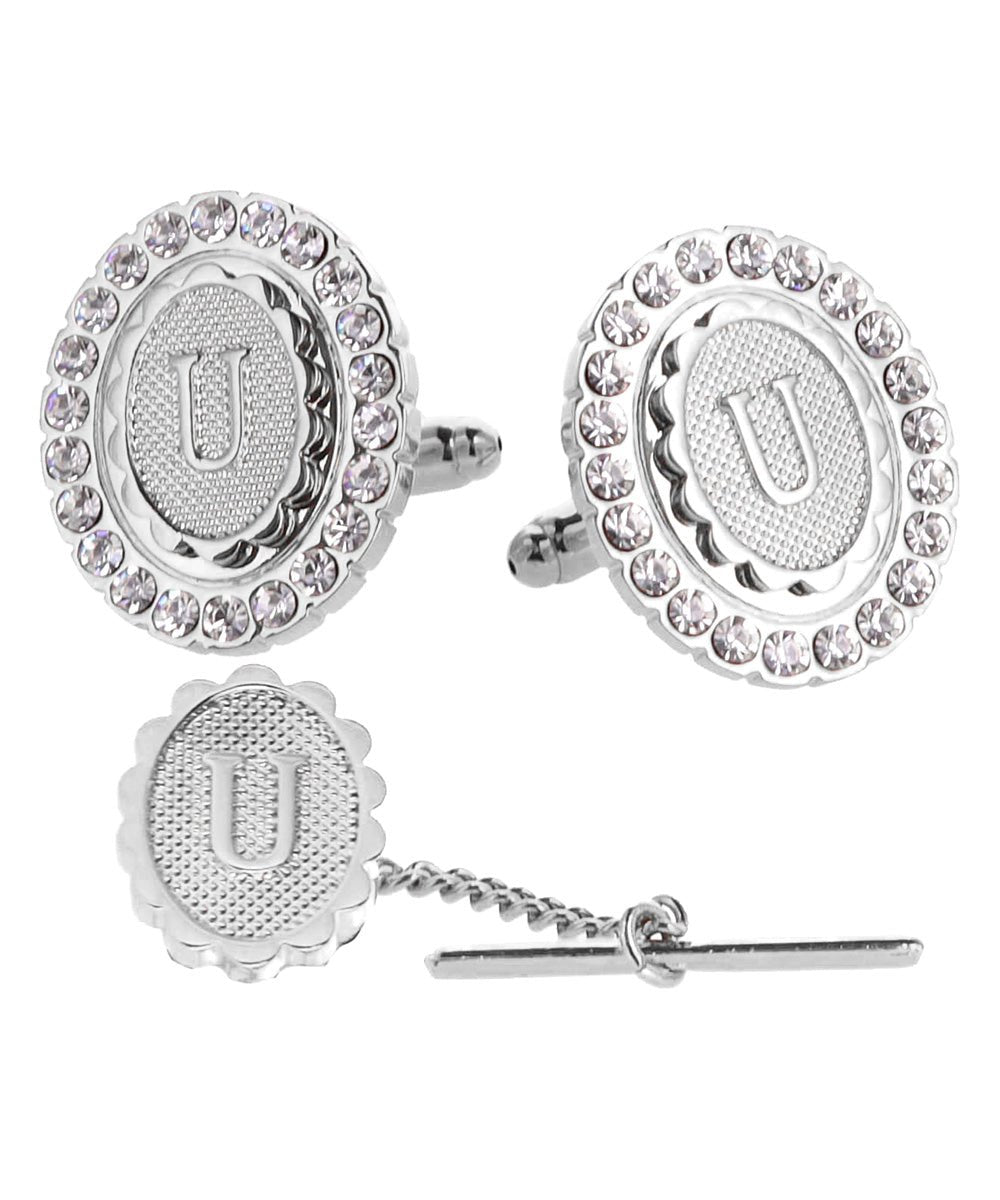 Vittorio Vico Bling Initial Cufflinks & Tie Tack Set in Gift Box - Silver - Initial Cufflinks - Vittorio Vico