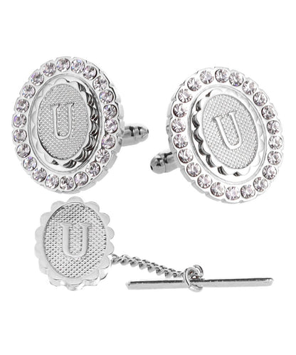 Vittorio Vico Bling Initial Cufflinks & Tie Tack Set in Gift Box - Silver - Initial Cufflinks - Vittorio Vico
