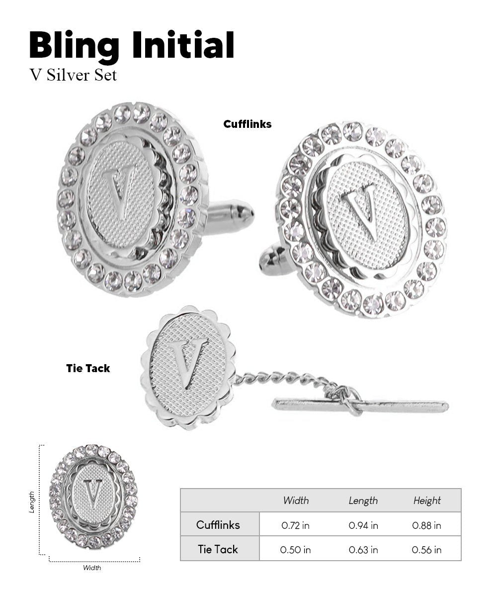 Vittorio Vico Bling Initial Cufflinks & Tie Tack Set in Gift Box - Silver - Initial Cufflinks - Vittorio Vico