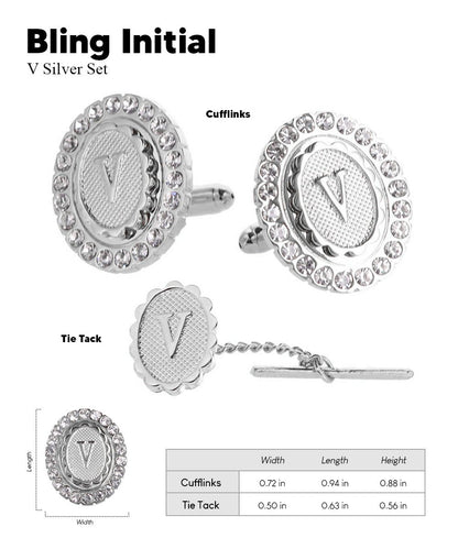 Vittorio Vico Bling Initial Cufflinks & Tie Tack Set in Gift Box - Silver - Initial Cufflinks - Vittorio Vico