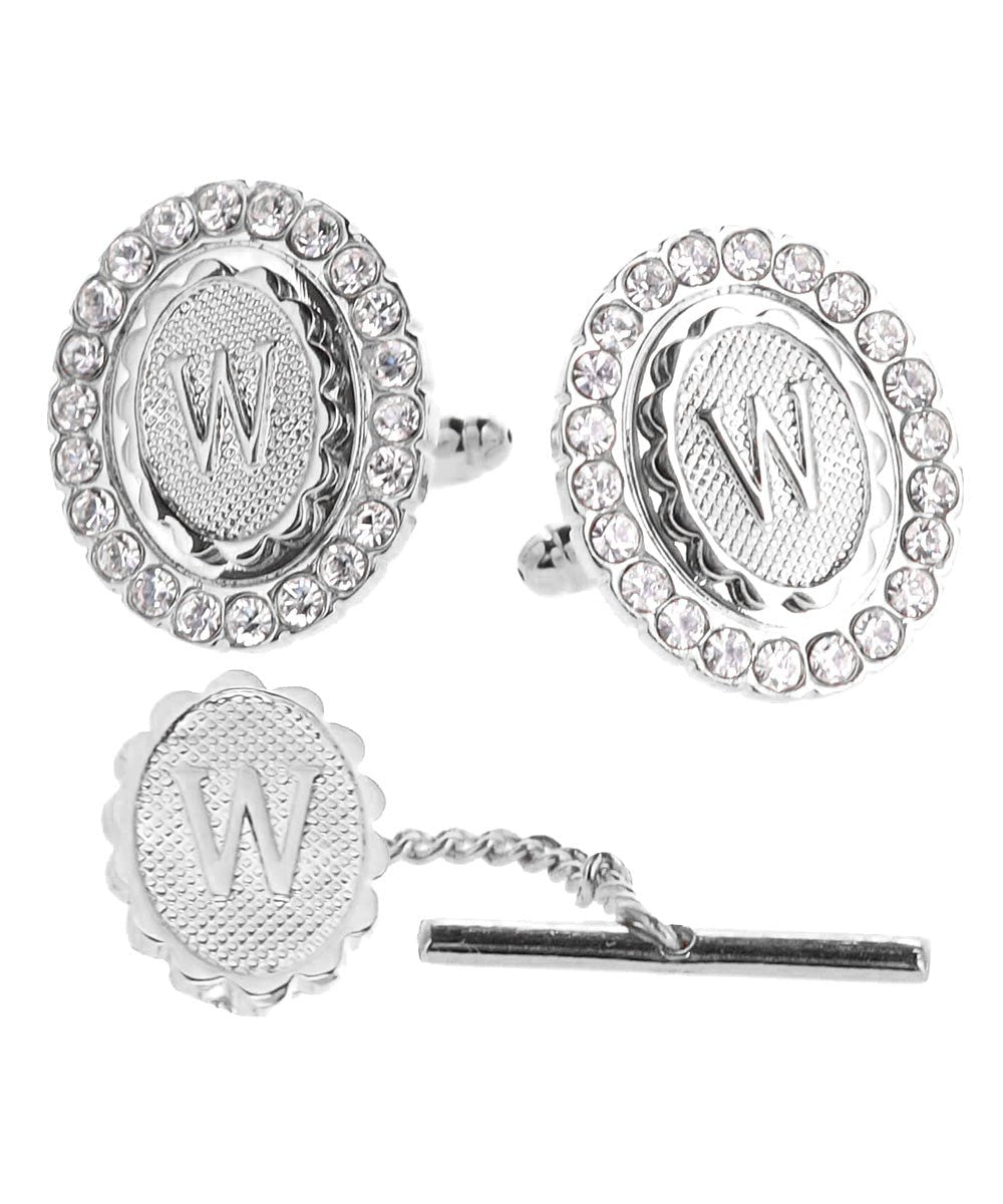 Vittorio Vico Bling Initial Cufflinks & Tie Tack Set in Gift Box - Silver - Initial Cufflinks - Vittorio Vico