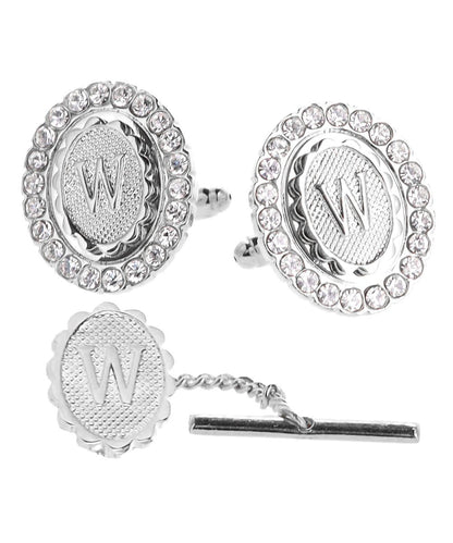Vittorio Vico Bling Initial Cufflinks & Tie Tack Set in Gift Box - Silver - Initial Cufflinks - Vittorio Vico
