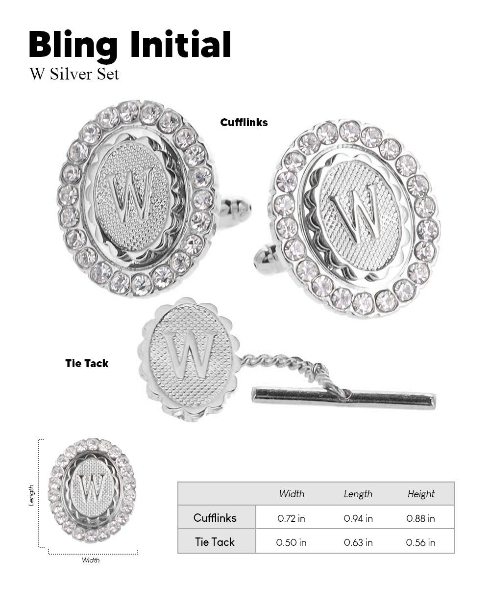 Vittorio Vico Bling Initial Cufflinks & Tie Tack Set in Gift Box - Silver - Initial Cufflinks - Vittorio Vico