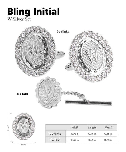 Vittorio Vico Bling Initial Cufflinks & Tie Tack Set in Gift Box - Silver - Initial Cufflinks - Vittorio Vico
