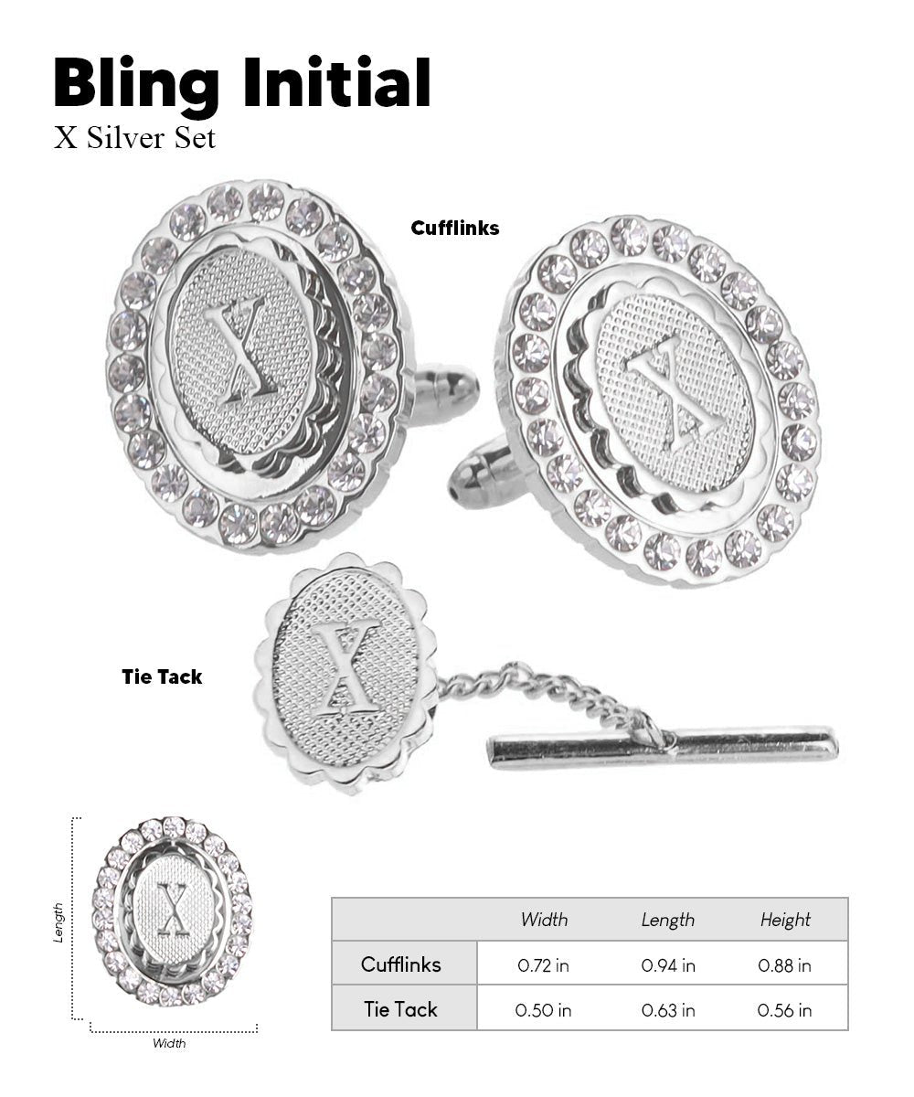 Vittorio Vico Bling Initial Cufflinks & Tie Tack Set in Gift Box - Silver - Initial Cufflinks - Vittorio Vico