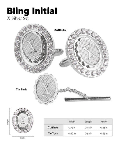 Vittorio Vico Bling Initial Cufflinks & Tie Tack Set in Gift Box - Silver - Initial Cufflinks - Vittorio Vico