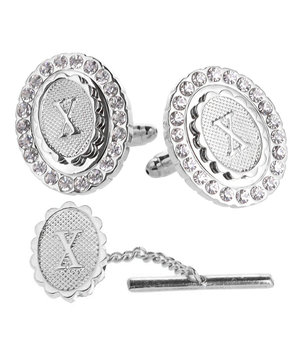 Vittorio Vico Bling Initial Cufflinks & Tie Tack Set in Gift Box - Silver - Initial Cufflinks - Vittorio Vico
