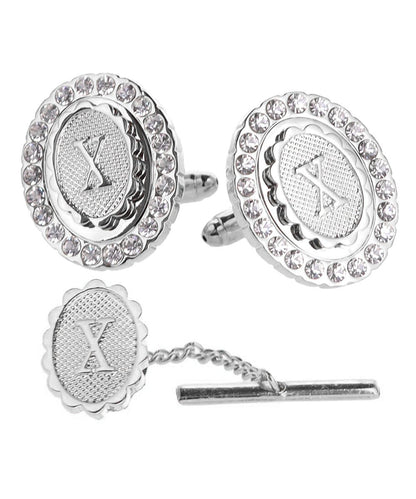 Vittorio Vico Bling Initial Cufflinks & Tie Tack Set in Gift Box - Silver - Initial Cufflinks - Vittorio Vico