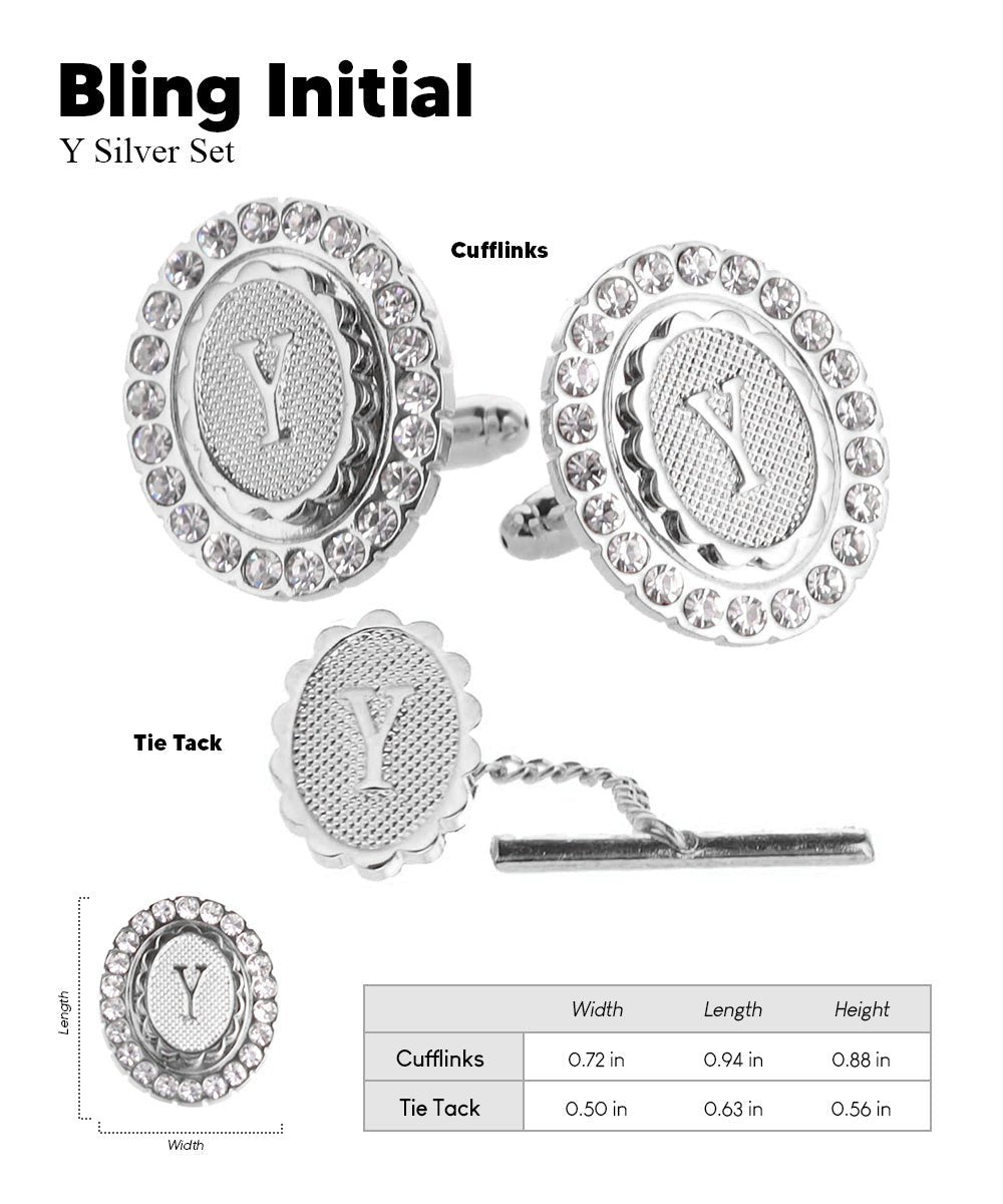 Vittorio Vico Bling Initial Cufflinks & Tie Tack Set in Gift Box - Silver - Initial Cufflinks - Vittorio Vico