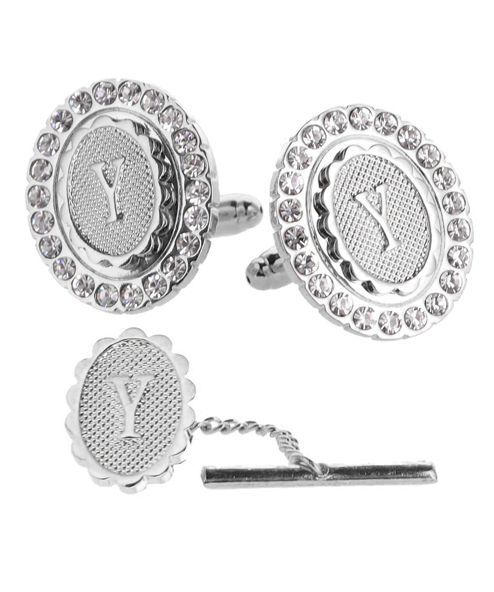 Vittorio Vico Bling Initial Cufflinks & Tie Tack Set in Gift Box - Silver - Initial Cufflinks - Vittorio Vico