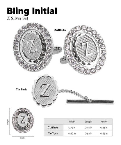 Vittorio Vico Bling Initial Cufflinks & Tie Tack Set in Gift Box - Silver - Initial Cufflinks - Vittorio Vico