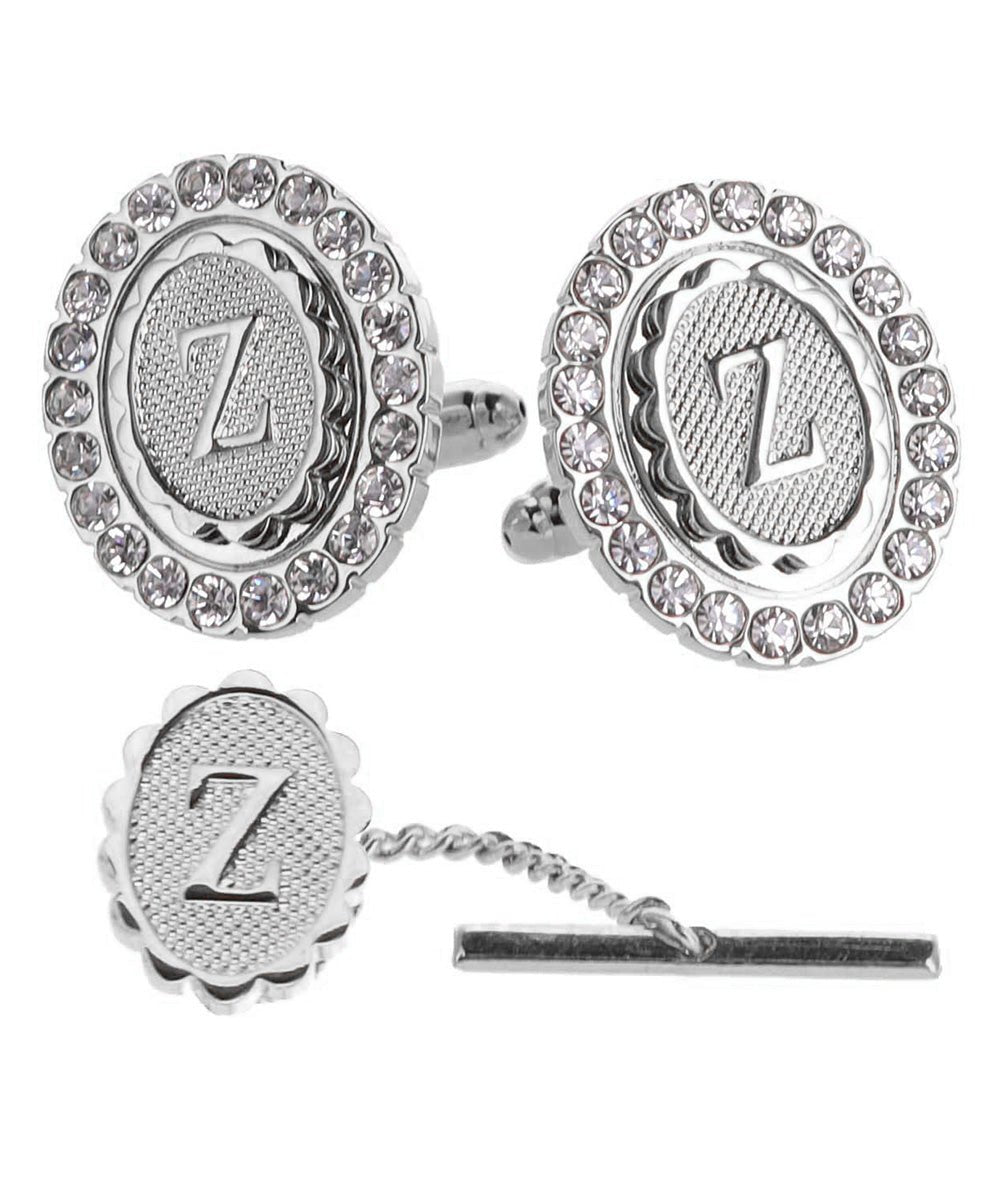 Vittorio Vico Bling Initial Cufflinks & Tie Tack Set in Gift Box - Silver - Initial Cufflinks - Vittorio Vico