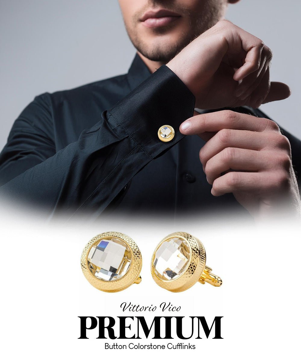 Vittorio Vico Button Colorstone Cufflinks: CL18XX Series - Clear and Gold - Cufflinks - Vittorio Vico