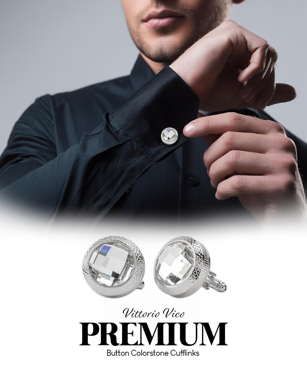 Vittorio Vico Button Colorstone Cufflinks: CL18XX Series - Clear and Gold - Cufflinks - Vittorio Vico