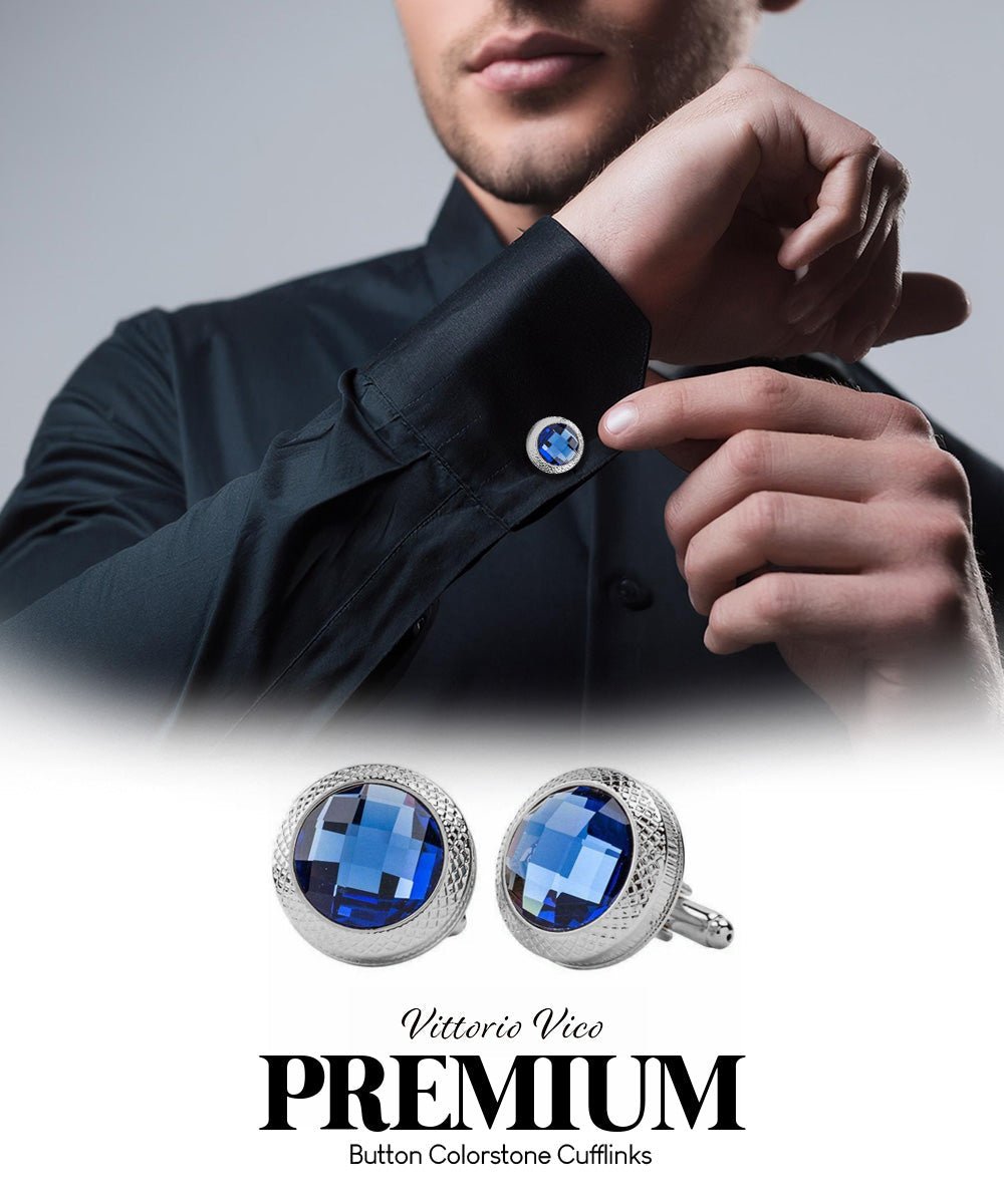 Vittorio Vico Button Colorstone Cufflinks: CL18XX Series - Royal Blue and Silver - Cufflinks - Vittorio Vico