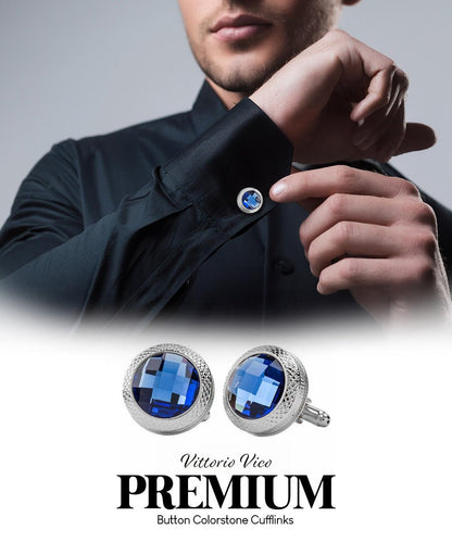 Vittorio Vico Button Colorstone Cufflinks: CL18XX Series - Royal Blue and Silver - Cufflinks - Vittorio Vico