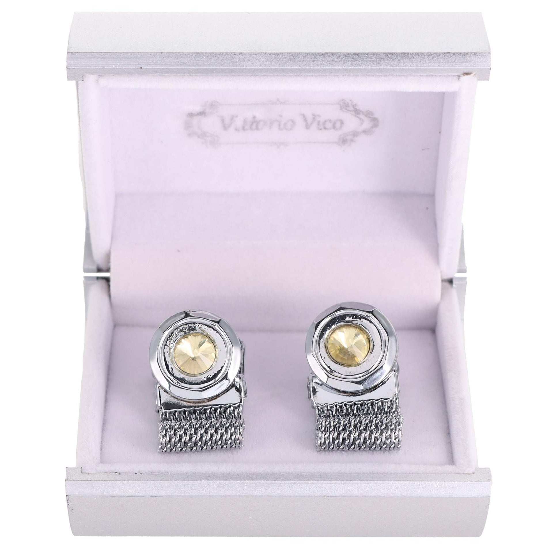 Vittorio Vico Colorful Crystal Chain Cufflinks in Gift Box - Yellow and Silver - Cufflinks - Vittorio Vico