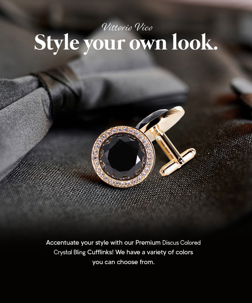 Vittorio Vico Discus Crystal Colorstone Bling Cufflinks: CL11XX Series - Black and Gold - Cufflinks - Vittorio Vico
