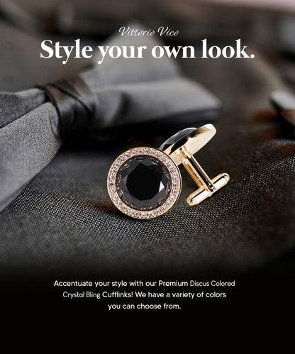 Vittorio Vico Discus Crystal Colorstone Bling Cufflinks: CL11XX Series - Black and Gold - Cufflinks - Vittorio Vico