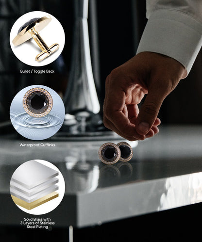 Vittorio Vico Discus Crystal Colorstone Bling Cufflinks: CL11XX Series - Black and Gold - Cufflinks - Vittorio Vico