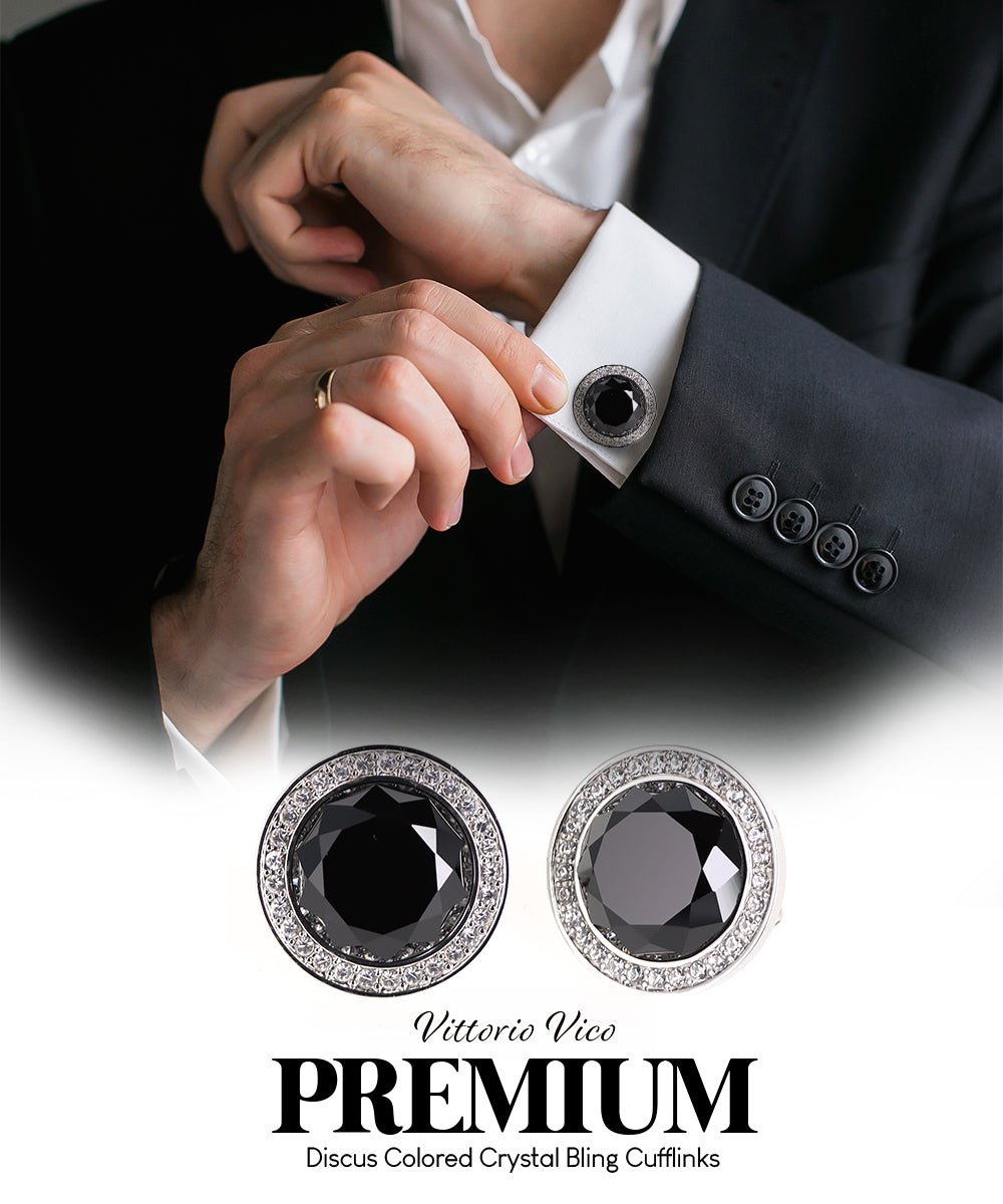 Vittorio Vico Discus Crystal Colorstone Bling Cufflinks: CL11XX Series - Black and Silver - Cufflinks - Vittorio Vico