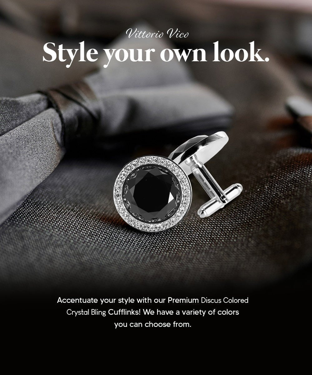 Vittorio Vico Discus Crystal Colorstone Bling Cufflinks: CL11XX Series - Black and Silver - Cufflinks - Vittorio Vico
