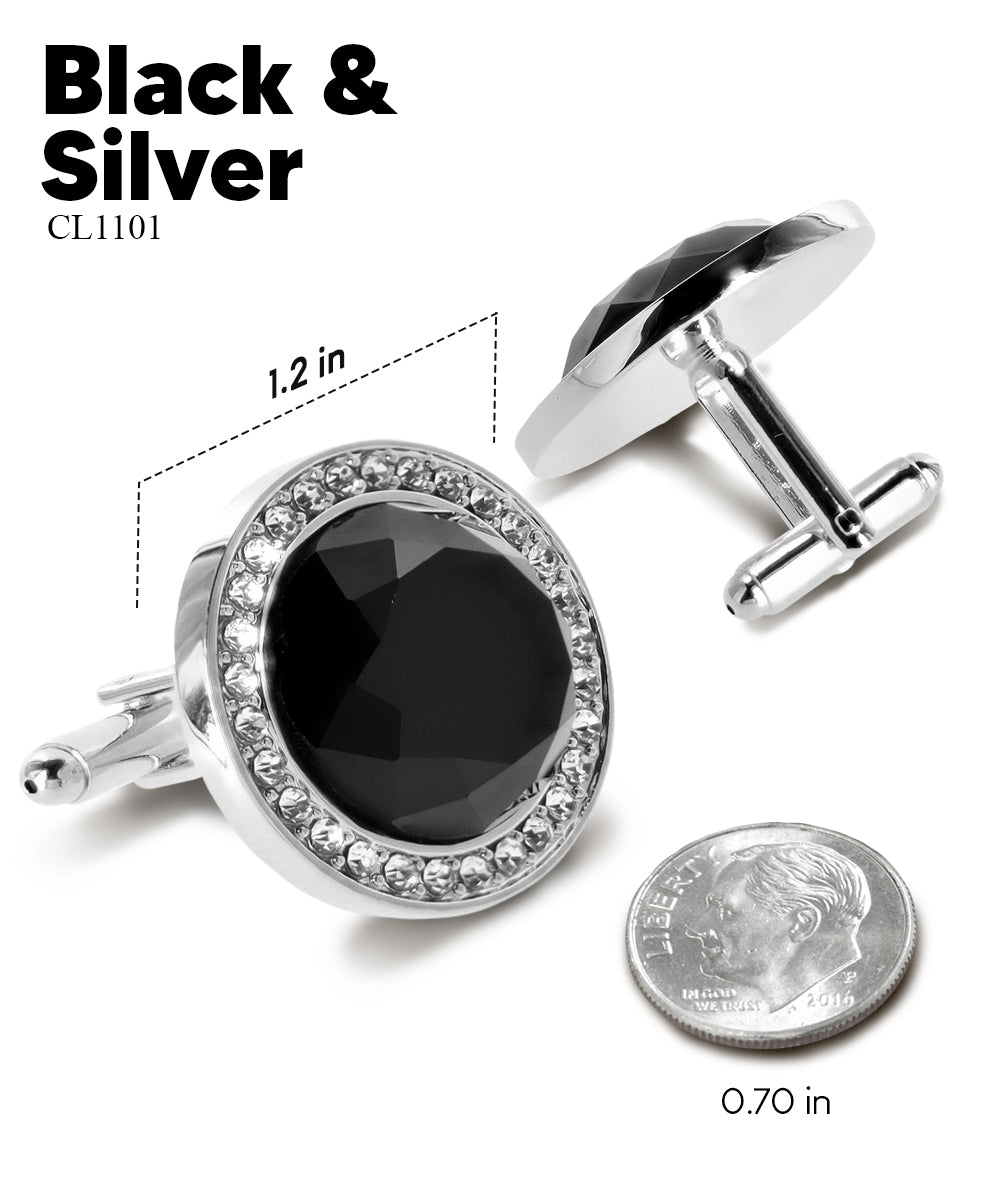 Vittorio Vico Discus Crystal Colorstone Bling Cufflinks: CL11XX Series - Black and Silver - Cufflinks - Vittorio Vico