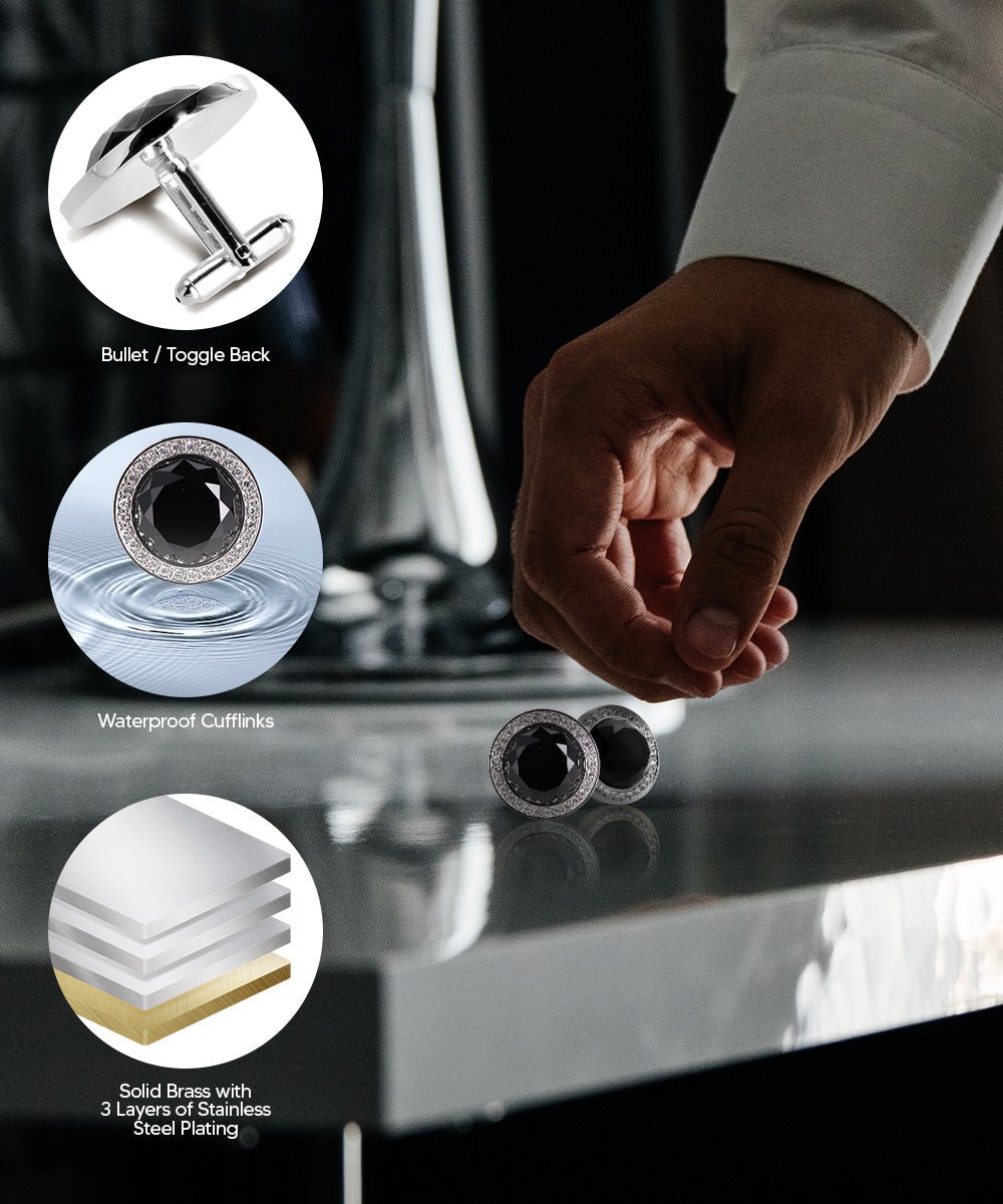Vittorio Vico Discus Crystal Colorstone Bling Cufflinks: CL11XX Series - Black and Silver - Cufflinks - Vittorio Vico